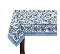 60x60 Inches Square Hand Block Printed Cotton Tablecloth, White Blue Floral Table Cloths Washable, Indian Table Linen For Valentine Thanksgiving Gifts Home Decor Dinning Outdoor