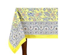 60x60 Inches Square Hand Block Printed Cotton Tablecloth, Yellow Blue Floral Table Cloths Washable, Indian Table Linen For Valentine Thanksgiving Gifts Home Decor Dinning
