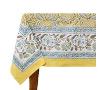 60x60 Inches Square Hand Block Printed Cotton Tablecloth, Yellow Brown Floral Table Cloths Washable, Indian Table Linen For Dinning Home Decor Summer Spring Outdoor Thanksgiving Valentine Gifts