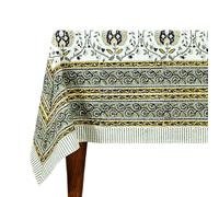 60x60 Inches Square Hand Block Printed Cotton Tablecloth, Yellow Green Floral Table Cloths Washable, Indian Table Linen For Valentine Thanksgiving Gifts Home Decor Dinning