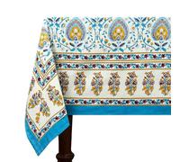 60x90 Inches Rectangle Hand Block Printed Cotton Tablecloth, Blue Yellow Floral Table Cloths Washable, Indian Table Linen For Dinning Home Decor Summer Spring Autumn Outdoor Thanksgiving Gifts