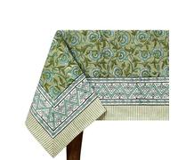 60x90 Inches Rectangle Hand Block Printed Cotton Tablecloth, Green White Floral Table Cloths Washable, Indian Table Linen For Dinning Home Decor Summer Spring Autumn Outdoor Thanksgiving Gifts