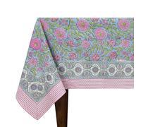 60x90 Inches Rectangle Hand Block Printed Cotton Tablecloth, Pink Blue Floral Table Cloths Washable, Indian Table Linen For Dinning Home Decor Summer Spring Autumn Outdoor Valentine Gifts