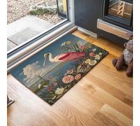 60X90Cm Washable Small Entryway Area Rugs, Front Door Mat A Pink Spoonbill Stands Among The Flowers Indoor Machine Mats, Natural Plant Landscape Non Slip Low Pile Mat For Bedroom Kids Room Entry Green