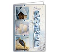 61-3023-1 Card Happy New Year 3D Word Frosted Glitter Shining Winter Atmosphere with Snowflake Birdhouse Candles Format 17 x 11.5 cm with Envelope