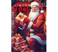 61-5831 Merry Christmas Card with Red Glossy Text and White Envelope 12 x 17.5 cm - Santa Claus in Front of a Fireplace Placing a Pile of Gift Packages - Made in France