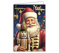 61-5832 Merry Christmas Card with Text Glossy Gold and White Envelope Size 12 x 17.5 cm Santa Holding a Nutcracker Soldier Wood - Made in France