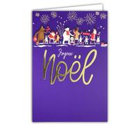 61-5836 Merry Christmas Card Large Glossy Gold Text and White Envelope Size 12 x 17.5 cm - Santa and Animals Polar Bear Brown Reindeer Deer Fox Snow Rabbits - Made in France