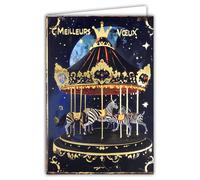 61-5857 Greeting Card with White Envelope 12 x 17.5 cm Shiny Gold Carousel Zebras Animals Africa Dreams Full Head of the Stars Full Eyes Made in France