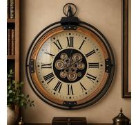 61*74CM Decorative Real Moving Gears Wall Clocks for Living Room Decor | Rattan-framed Large clock Industrial Steampunk Vintage Rustic Clock for Home Farmhouse Office Kitchen