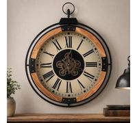 61*74CM Real Moving Gears Wall Clock, Large Wall Clock for Living Room | Wood-metal Combination Decorative/Vintage Industrial Style/Unique Kitchen Clock