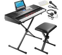 61-Key Digital Electronic Keyboard Piano with Full-Size Light Up Keys Beginner Kit Includes Stand Stool Headphones Mic and Keynote Stickers