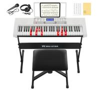 61 Key Electronic Keyboard Piano with Lighted up Keys,LCD,Headphones,X-Stand,Stool,Music Rest,Microphone,Note Stickers,Built-In Speakers,3 Teaching Modes,Ideal for Beginner Adult (White)