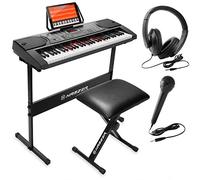 61-Key Electronic Keyboard Portable Digital Music Piano with Lighted Keys, H-Stand, Stool, Headphones, Microphone, & Sticker Set