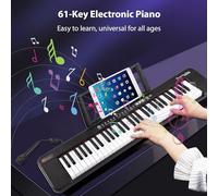 61 Key Portable and Lightweight Electric Piano with Dual Speaker System 200 Tones and Rhythms, Ideal for Beginners with Illuminated Keyboard, Device Compatibility and Power Options (Black)