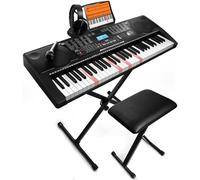 61 Key Portable Electronic Keyboard Piano w/Lighted Full Size Keys, LCD, Headphones, X-Stand, Stool, Music Rest, Microphone, Note Stickers, Built-In Speakers,3 Teaching Modes