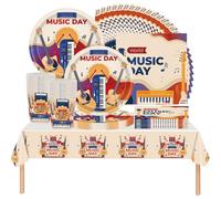 61 Pcs Birthday Party Tableware with Theme Piano Guitar Music Tableware for Cartoon Kids Birthday Includes Cups Plates Table Cloths Paper Napkins for 20 People