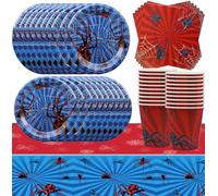 61 Pcs Spider Party Tableware with Tablecloth, Napkins, Cups, Plates - 20 Servings for Kids Birthday Party Decorations,Halloween Party Tableware