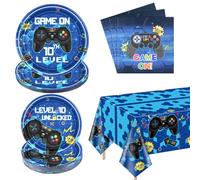 61 Pcs Video Game Party Supplies Game On Birthday Decor Paper Plates Napkins Video Game Tablecloth Gaming Party Supplies for Boy 10th Birthday, Serves 20 (10th, 20)