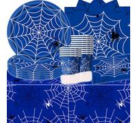 61 Piece Birthday Party Supplies with Spider Theme,SANYUANHE Spider Web Party Tableware Set,Cobweb Print Paper Plates Paper Cups Napkins Tablecloth,Halloween Decorations