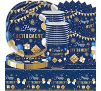 61-Piece Blue Retirement Tableware Set, Blue and Gold Party Decorations Includes Farewell Party Decorations Supplies, Happy Farewell 9 Inch Plates Tissue Paper Cups Tablecloth (20 Guests)