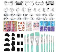 61-Piece Deluxe Face Painting brushes and Stencils Kit - Safe Non-Toxic face paint Stencils Set with 10 Pro Brushes, 8 sponges, 31 Reusable Stencils, 8 Stencils&More - For Carnival, Halloween&Parties