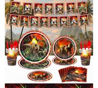 61-Piece Dinosaur Tableware Set, Dinosaur Decoration, Birthday Party Supplies Set, Retro Party Table Decoration, Scenario with Dinosaurs from the Prehistoric Volcanic Period for 20 Guests