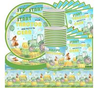61-Piece Farm Party Tableware Set, Green Tractor Scarecrow Theme, Children's Birthday Party Decoration, Farm Tableware Plates Cups Paper Napkins Tablecloths for 20 People