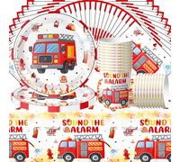 61 Piece Fire Brigade Party Tableware Set, Kids Birthday Party Tableware Set, Red Tableware Including Napkins, Paper Plates, Paper Cups and Table Cloth, Serves 20 Guests
