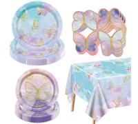 61 Pieces Butterfly Birthday Decorations - Butterfly Paper Plates, Napkins and Tablecloth for Fairy Birthday Decorations Fairy Birthday Party Supplies, Serve 20