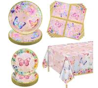 61 Pieces Butterfly Birthday Decorations - Pink Butterfly Party Decorations Plates, Napkins and Flower Tablecloth for Fairy Butterfly Birthday Party Supplies, Serve 20