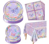 61 Pieces Butterfly Birthday Decorations - Purple Party Decorations Butterfly Plates, Napkins and Flower Fairy Tablecloth for Fairy Birthday Party Supplies, Serve 20
