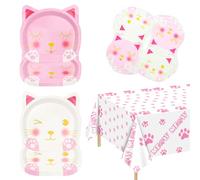 61 Pieces Cat Birthday Party Decorations - Including Pink White Cat Plates, Pet Napkins, and MEOW Tablecloth for Pet Cat Themed Birthday Party Supplies, Serve 20 Guests
