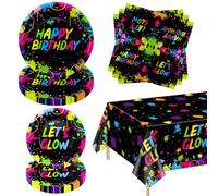 61 Pieces Glow Neon Party Supplies - Glow in the Dark Birthday Plates, Fluorescence Napkins, Neon Tablecloth for Blacklight Neon Party Decorations, Serve 20 Guests