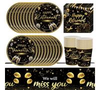 61Pcs Black & Gold Retirement Tableware Set - Disposable Plates, Cups, Napkins, Tablecloths for Farewell Party Gifts