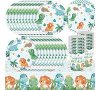 61Pcs Dinosaur Theme Party Tableware Set, Green Dinosaur Birthday Party Decorations, Kids Party Decoration Supplies, Dinosaur Tableware Includes Plates Paper Napkins Paper Cups Tablecloth (20 Guests)