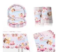 61PCS Elf Fairy Birthday Party Tableware,Fairy Girls Decoration Paper Dinnerware Set,Tea Party Supplies,Princess Pink Birthday Party Supplies Includes Plates,Cups, Napkins Tablecloth 20 Guests