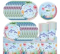 61Pcs Ocean Animal Birthday Party Tableware, Ocean Party Decorations, Blue Underwater Dolphin Shark Turtle Octopus Party Supplies, Includes Tablecloth Paper Towels Paper Cups Plates (20 Guests)