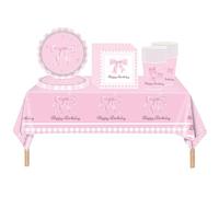 61Pcs Pink Bowknot Birthday Tableware Decorations Sets for Her Party Decor,Bowknot Table Cloth Decoration Paper Cups Napkins Plates,Bow Paper Dinnerware for Girls Her Baby shower Wedding Party