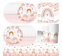 61Pcs Rainbow Party Tableware Set, Bohemian Birthday Party Decorations, Rainbow Bohemian Tableware, Includes Paper Plates, Cups, Napkins, Tablecloth (20 Guests)