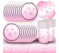 61Pcs Snow Party Tableware Set,Frozen Birthday Party Supplies,Dreamy Pink Snow Decorations Serves 20 Guests[20 Plates, 20 Cups, 20 Napkins,Tablecloth 137 x 274 cm]