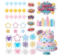 61pcs Spider Theme Cake Toppers, Multicolored Cartoon Theme Cake Decorations Include Foam Balls Stars Webs City Patterns for Boys Girls Birthday Party Favors