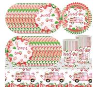 61Pcs Strawberry Birthday Party Tableware, Fruit Party Decorations, Summer Tea Party Party Decorations, Pink Strawberry Party Tablecloth, Napkins, Plates, Paper Cups (20 Guests)