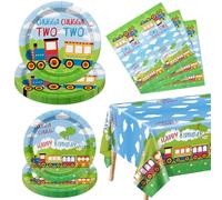 61Pcs Train 2nd Birthday Decorations, Including Paper Plates Napkins Tablecloth Chugga Chugga Two Two Birthday Party Decorations for Boys Transportation Party Supplies, Serve 20