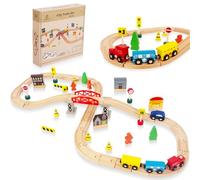 61Pcs Train Set for Toddlers, Bridge & Double-Side Wooden Train Set Tracks, Fits Brio, Thomas, Melissa and Doug, Kids Gift Toys for 3 4 5 Years Old Boys Girls(Log color61pcs)