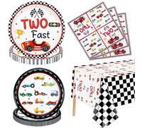 61Pcs Two Fast Race Car 2nd Birthday Party Decorations - Plates, Napkins, Tablecloth for Boys Kids' Two Year Old Party Race Car Birthday Supplies, Serves 20 Guest