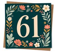 61st Birthday Card, 61st Birthday Card for Her or Him, Elegant Floral Number Greeting Decorative Botanical Design