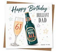 61st Birthday Card for Dad, Beer Bottle & 61 Glass | Mark Dad’s 61st with a beer bottle and champagne glass, plus the words “Happy Birthday Brilliant Dad” and the number 61.