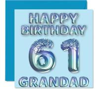 61st Birthday Card for Grandad - Blue Glitter Party Balloons - Happy Birthday Cards for 61 Year Old Grandad from Grandson Granddaughter, 145mm Bday Greeting Cards Gift