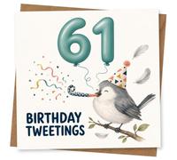 61st Birthday Card for Her, Birthday Tweetings Bird | Charming 61st birthday pun card: “Birthday Tweetings”, teal “61” balloons and a party bird blowing a party blower.